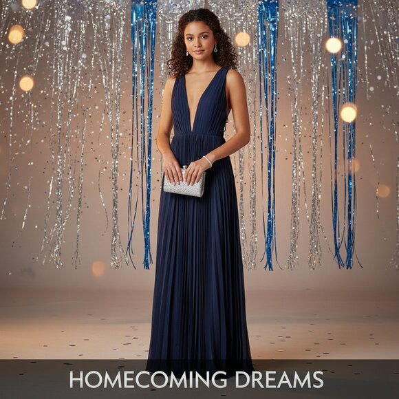 Fame Partners Free People Navy Pleated Maxi Dress S Deep V Neck Formal Gown - Picture 1 of 9